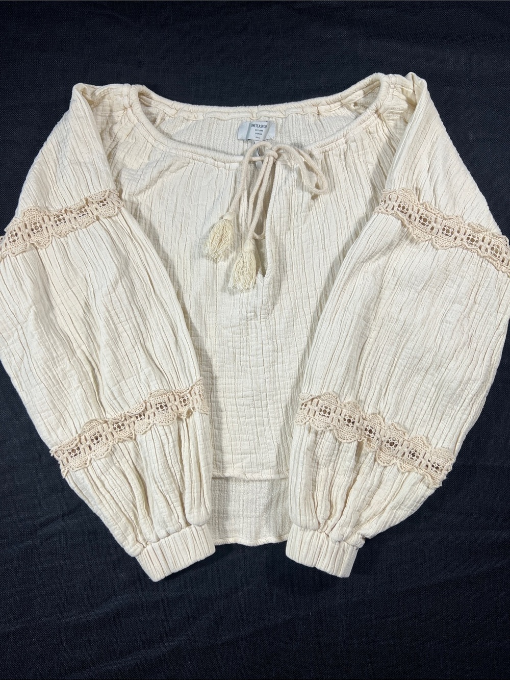 One Teaspoon Cotton Cream Boho Peasant Blouse with Tassel Tie